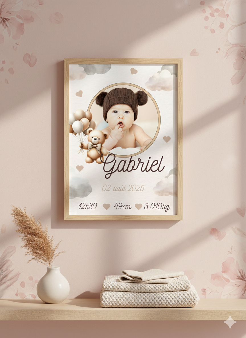 Affiche de naissance avec photo ourson