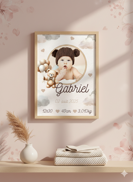 Affiche de naissance avec photo ourson