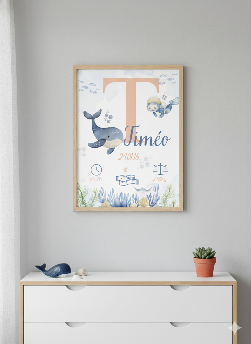 Affiche personnalisée de naissance sous l'océan, baleine, mer déco chambre bébé