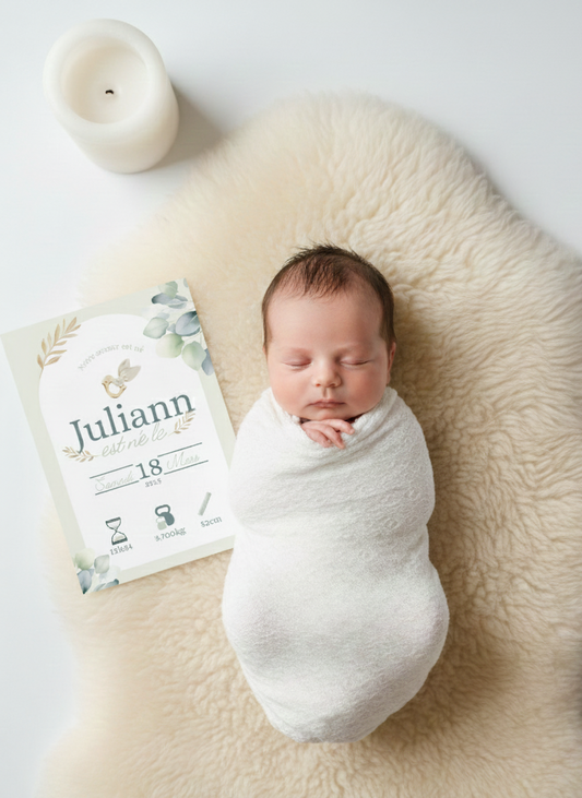 Annoncez la naissance de votre trésor avec tendresse : Faire-part eucalyptus