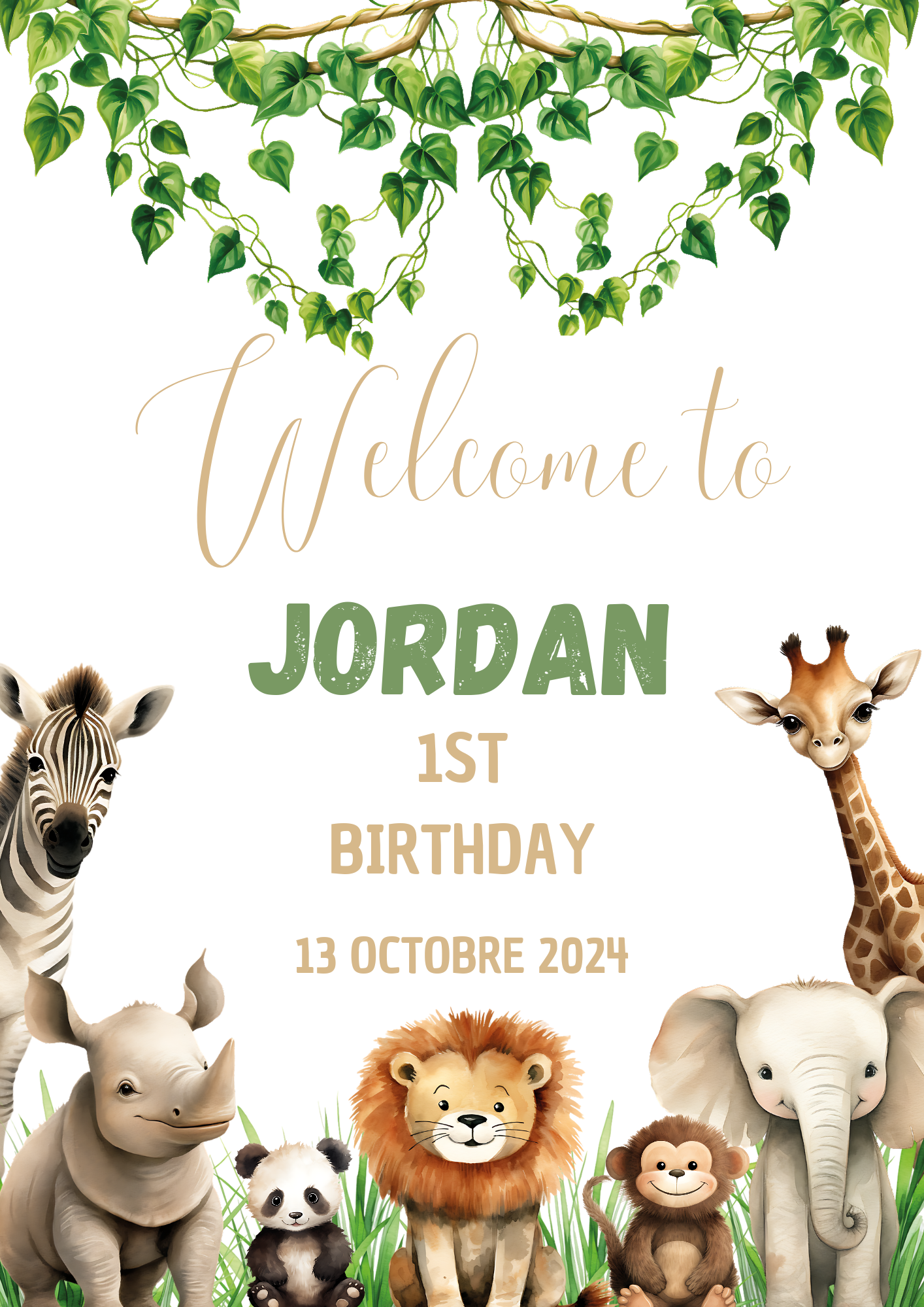 Affiche personnalisée anniversaire, baptême, jungle, savane