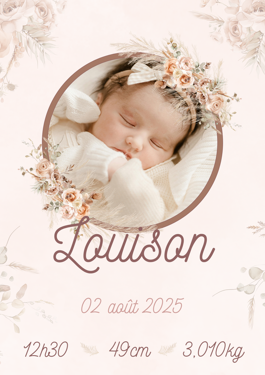 Affiche de naissance avec photo boho