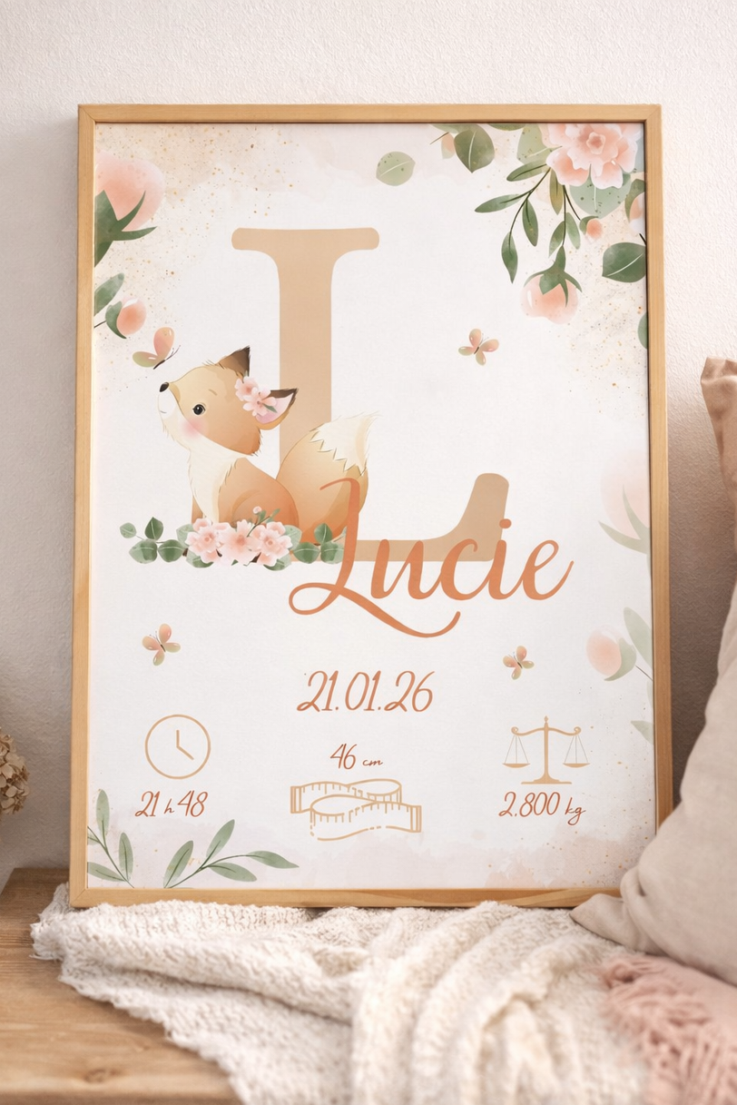 Affiche de naissance personnalisée petit renardeau et ses jolies fleurs , animaux déco chambre fille