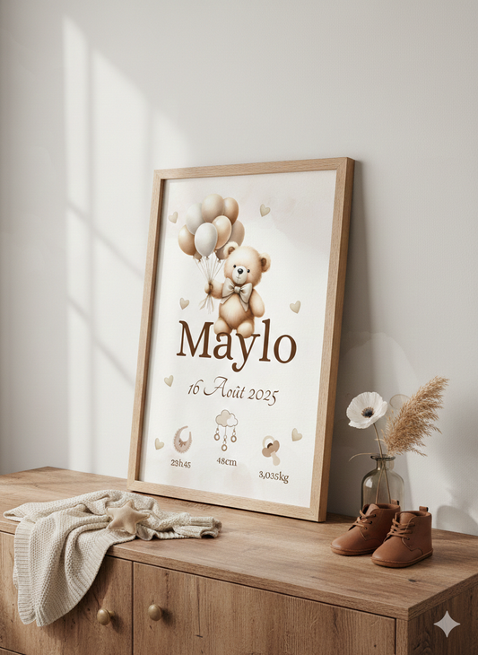 Affiche de naissance personnalisée " ourson avec des ballons " chambre déco enfant
