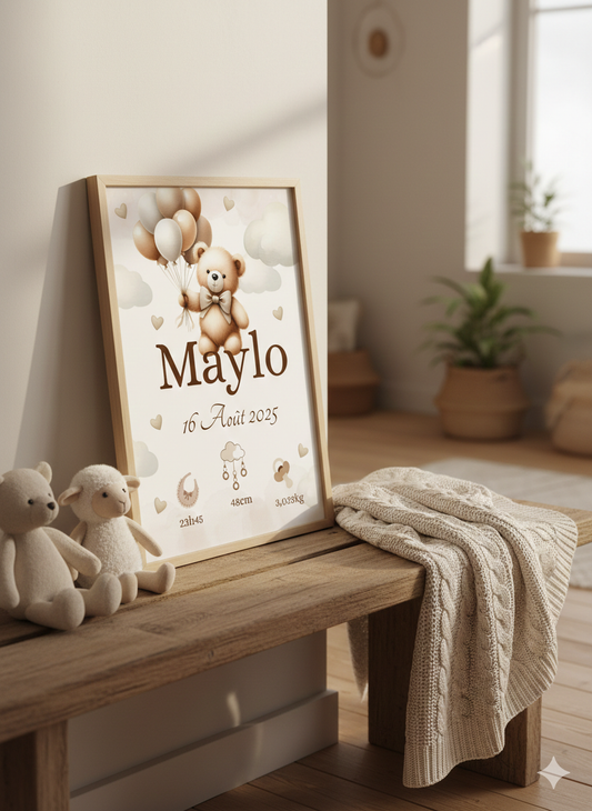 Affiche de naissance personnalisée " ourson avec des ballons " chambre déco enfant