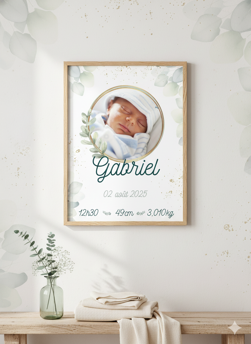 Affiche de naissance avec photo eucalyptus