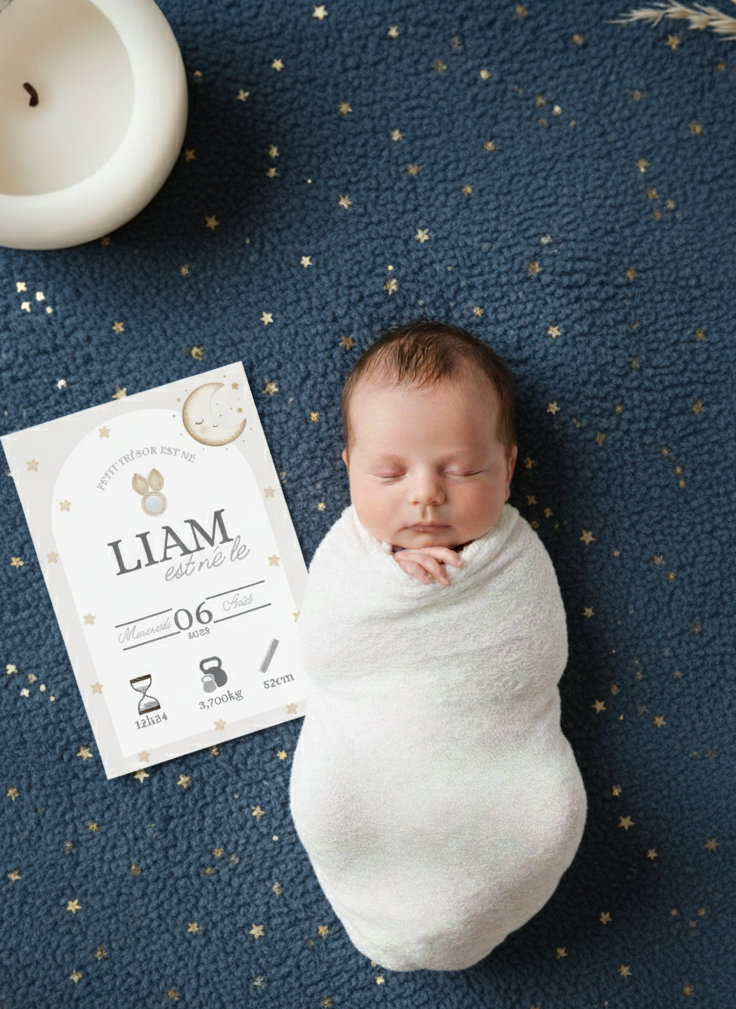Annoncez la naissance de votre trésor avec tendresse : Faire-part gris et lune