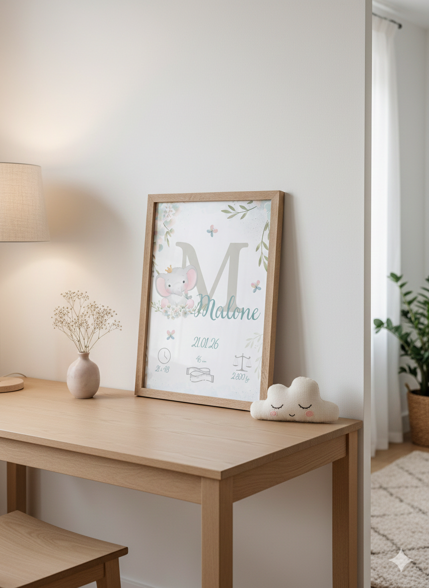 Affiche de naissance personnalisée éléphant et sa jolie couronne et de jolies fleurs, animaux déco chambre garçon